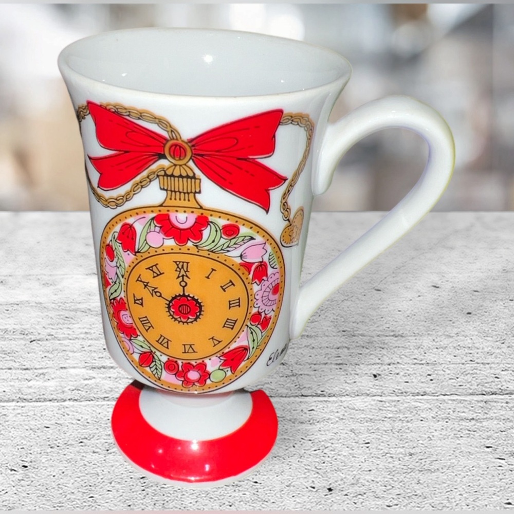 Arnart 5th Ave 2459 Coffee Time Mug Pocket Watch Porcelain Footed Red And White